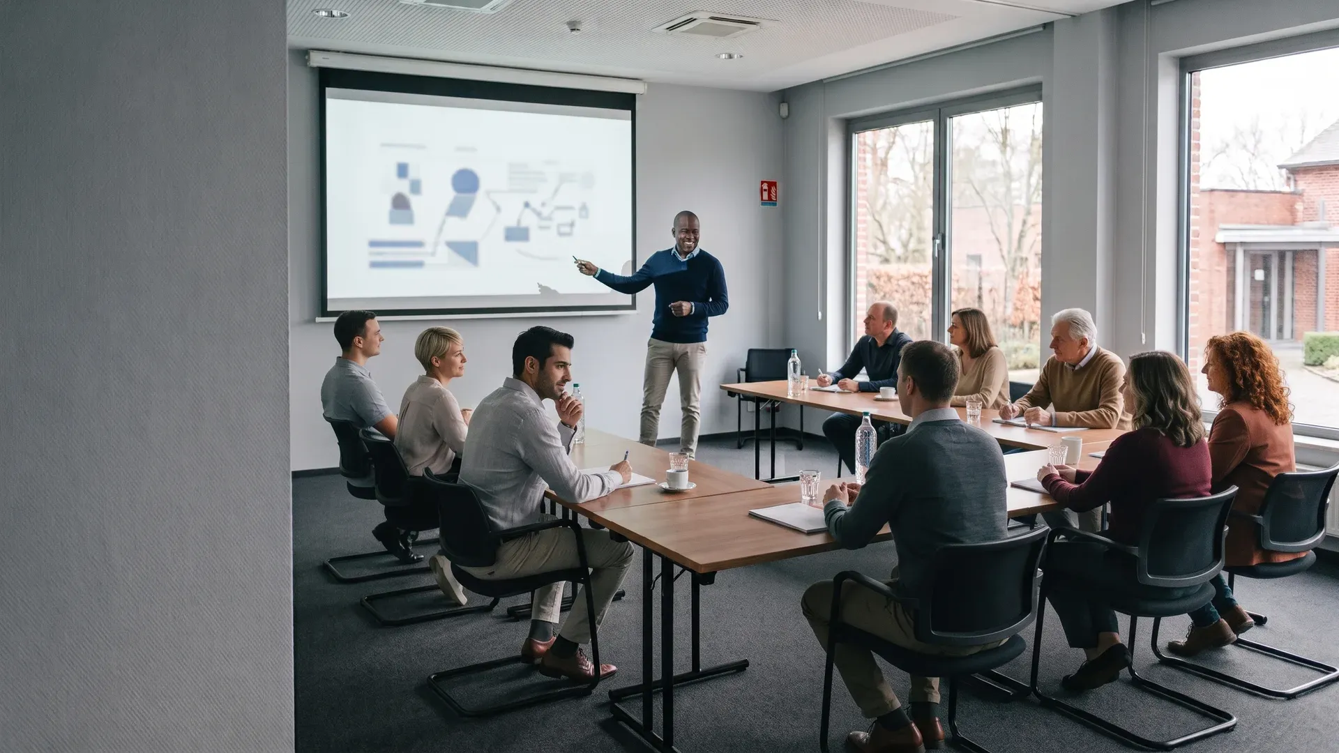 Salle de formation en entreprise, participants vus de dos autour de tables en U, formateur debout au fond.